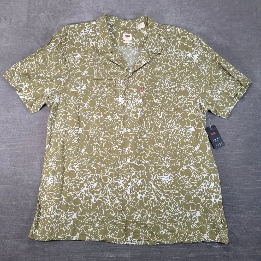 Levis‎ Mens Classic Camper Relaxed Fit Short Sleeve Shirt Olive Floral L NEW